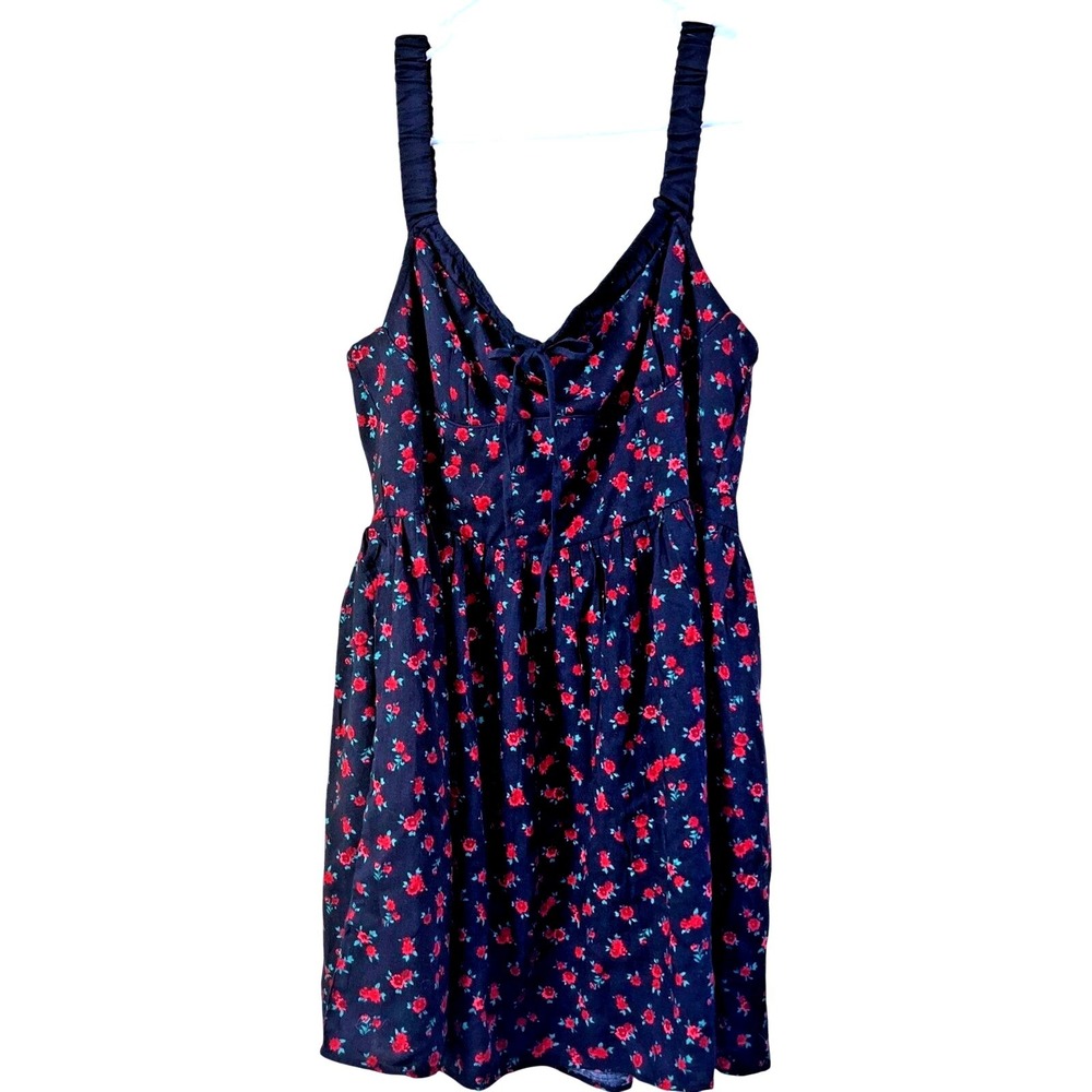 Aeropostale Dress Womens XL Black Red Floral Rose Smocked Back Ruffle Mini Dress